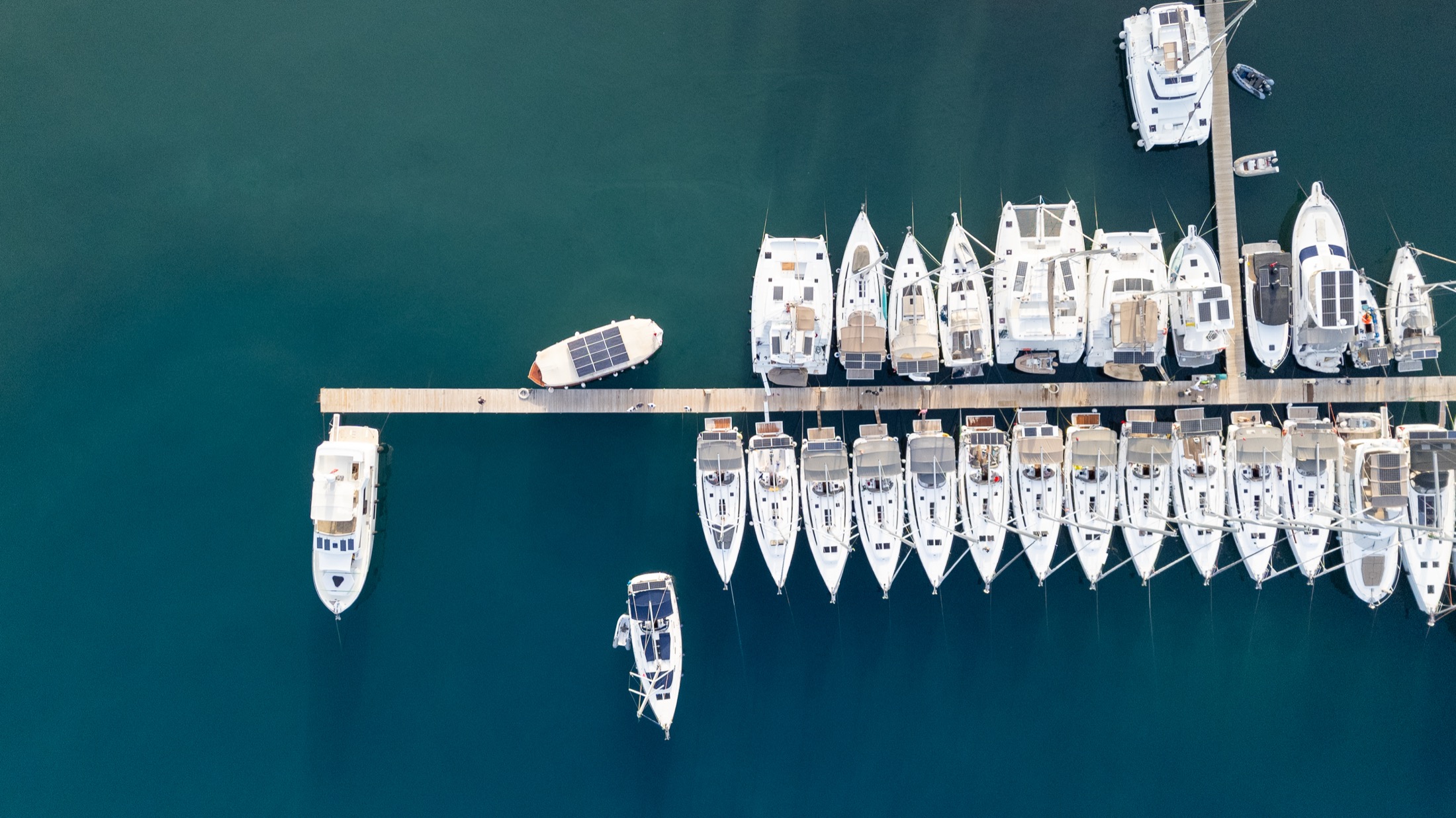 White yachts arranged along a marina pontoon